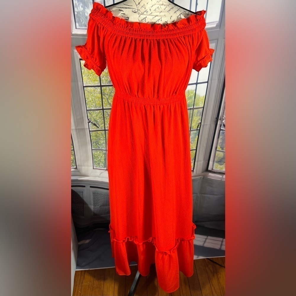 Cynthia Steffe Red Off the Shoulder Ruffle Midi Dress Size 8